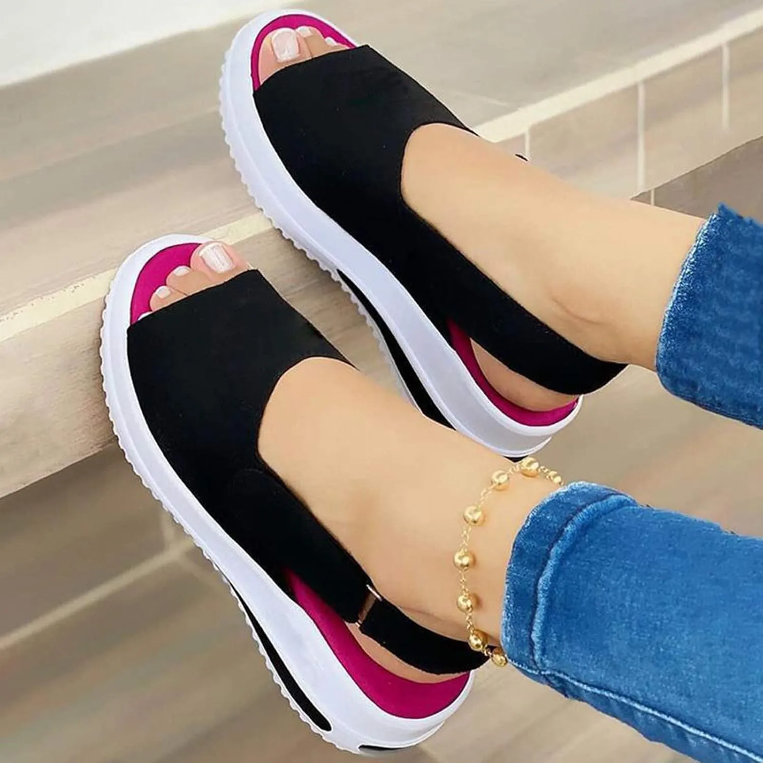 Platform Sandals Women Wedge Adjustable with Closure Cork Platform Casual Beach Slides Slip-Resistant Sole 2025 Spring and Summer Vacation