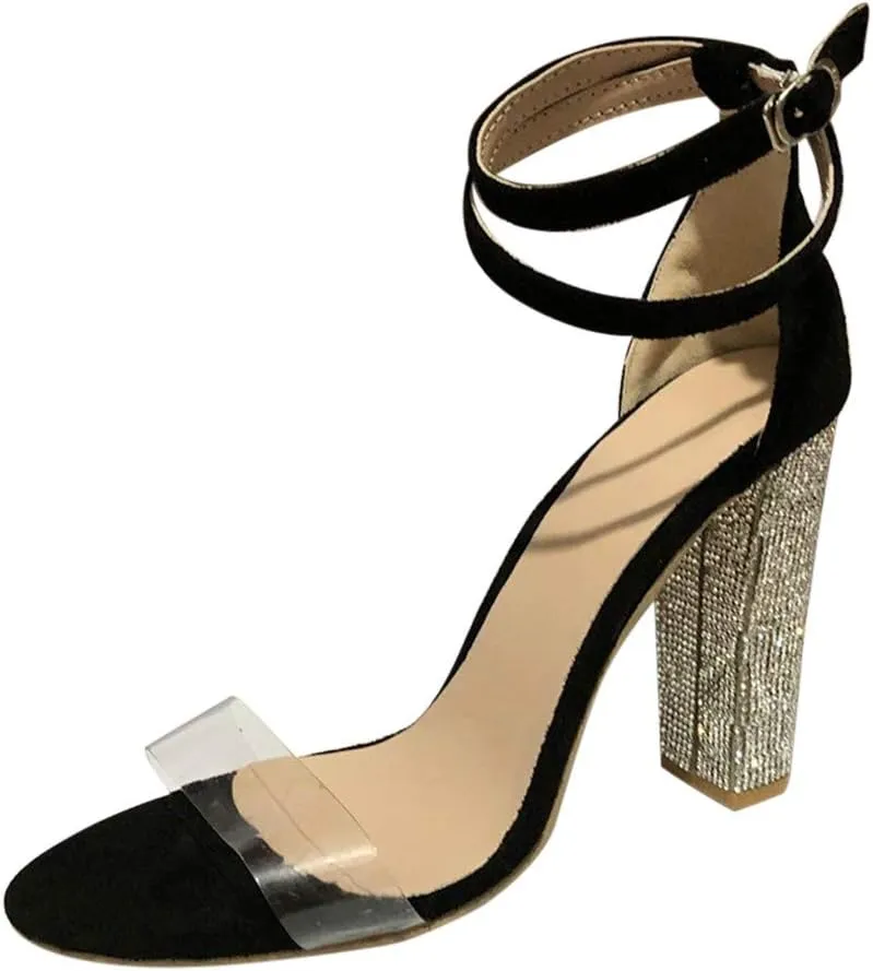Pumps for Women High Heels,Sexy Sandals Rhinestone Ankle Strap Chunky Block Heels Dress Party Pumps Shoes