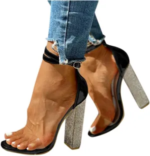 Pumps for Women High Heels,Sexy Sandals Rhinestone Ankle Strap Chunky Block Heels Dress Party Pumps Shoes
