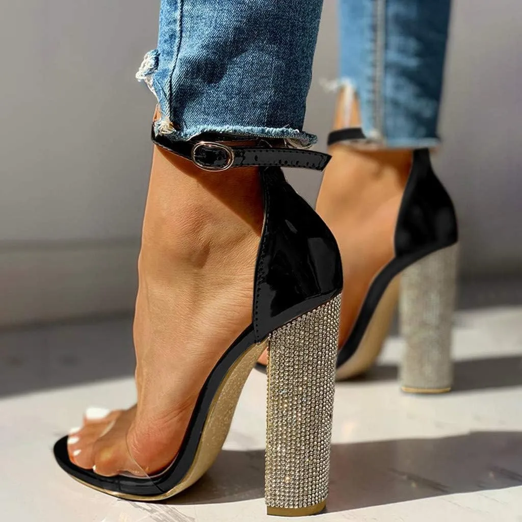 Pumps for Women High Heels,Sexy Sandals Rhinestone Ankle Strap Chunky Block Heels Dress Party Pumps Shoes