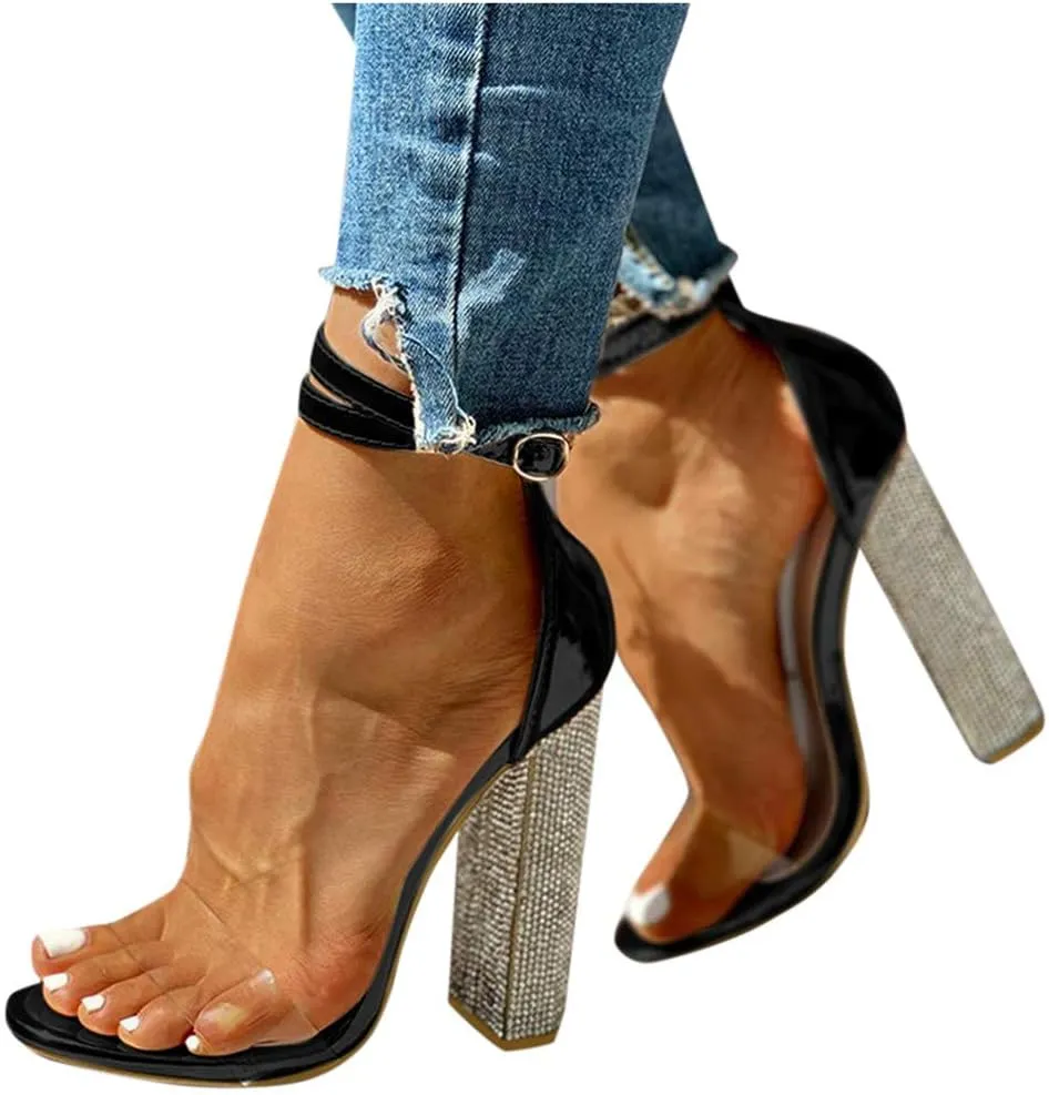 Pumps for Women High Heels,Sexy Sandals Rhinestone Ankle Strap Chunky Block Heels Dress Party Pumps Shoes
