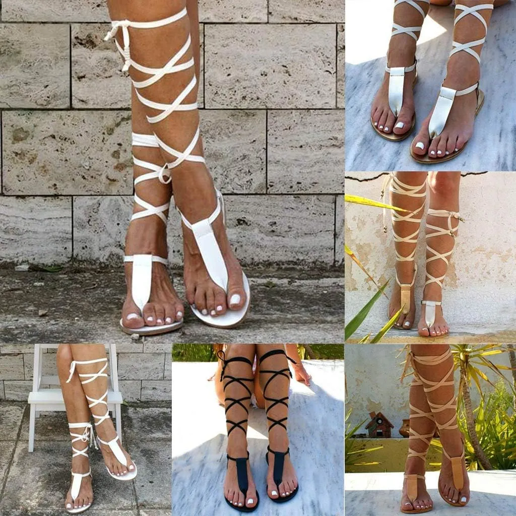 Sandals for Women Platform,Gladiator Sandals Flat Summer Beach Sandals Strappy Lace Up Open Toe Knee High Flat Sandal