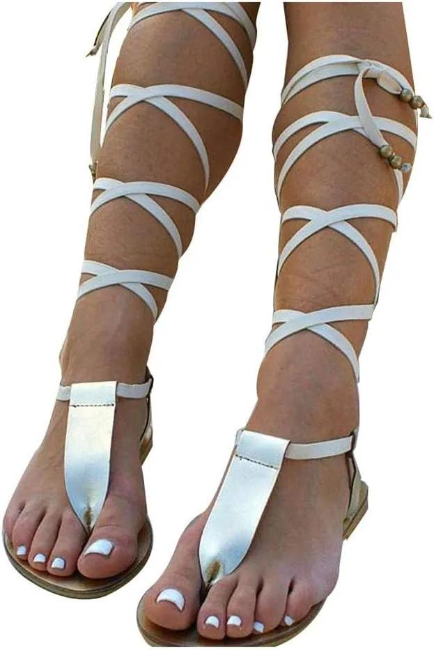 Sandals for Women Platform,Gladiator Sandals Flat Summer Beach Sandals Strappy Lace Up Open Toe Knee High Flat Sandal