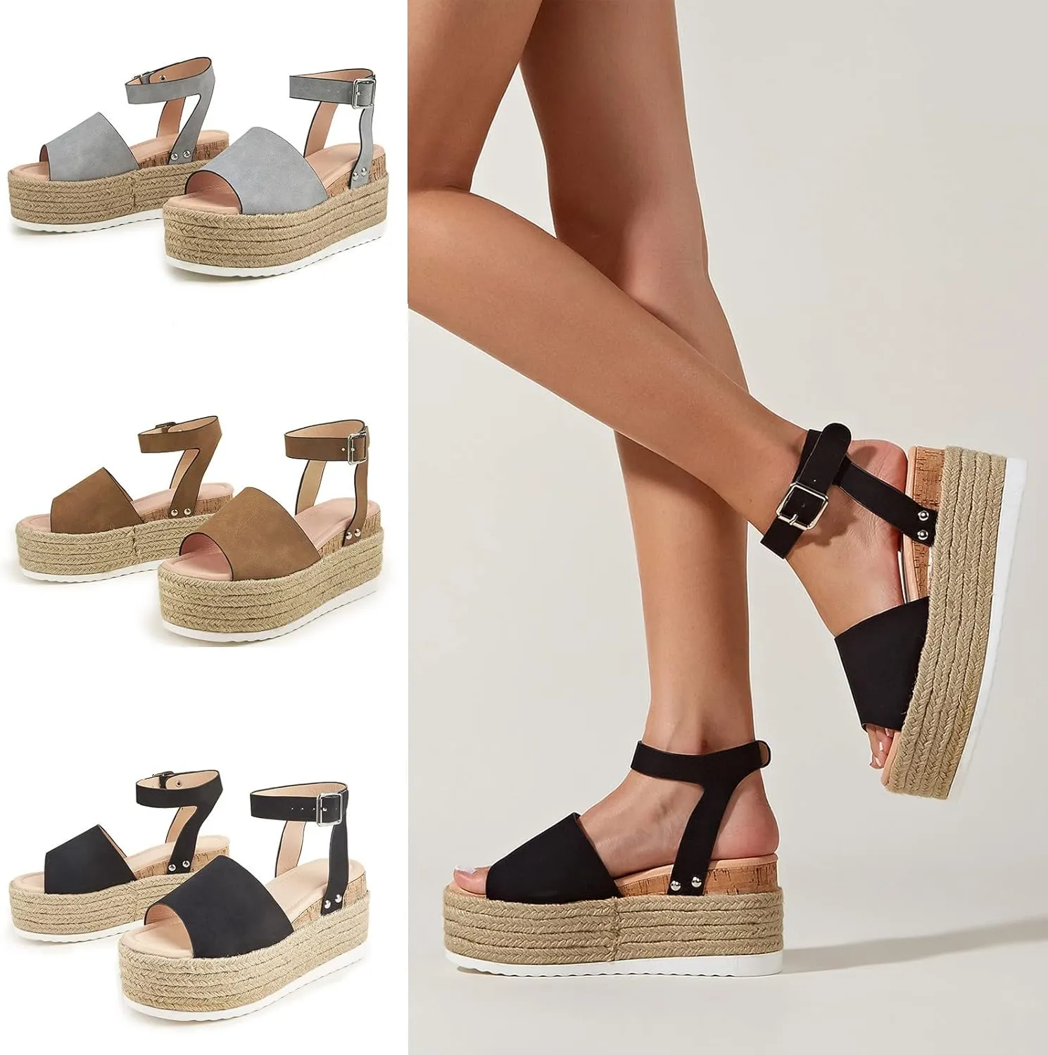 Sandals for Women, Topic Open Toe Buckle Ankle Strap Espadrilles Summer Flatform Sandals Wedge Casual Sandal