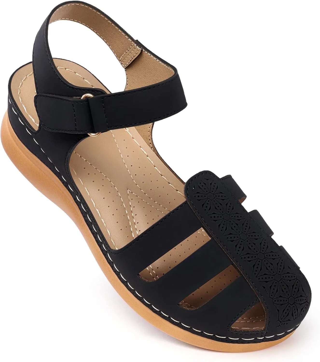 SHIBEVER Closed Toe Sandals Women: Dressy Summer Wedge Comfort Fisherman Sandal Black Size 8.5 Walking Spring Sandals