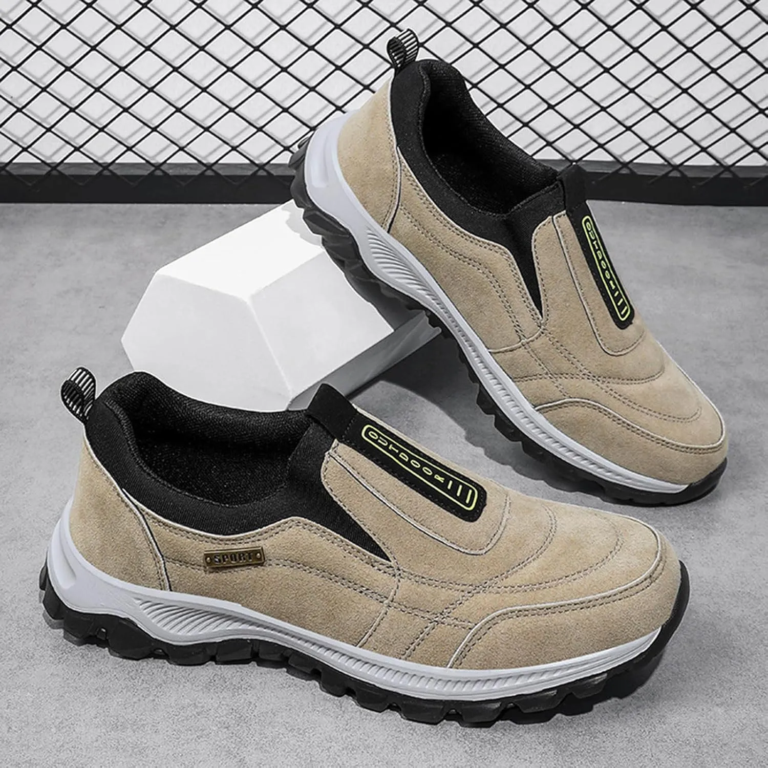 Slip on Walking Shoes Men Comfortable PU Leather Memory Foam Breathable Mesh Fashion Sneakers Non Slip Arch Support Cushioning Training Gym Shoes Wide Width