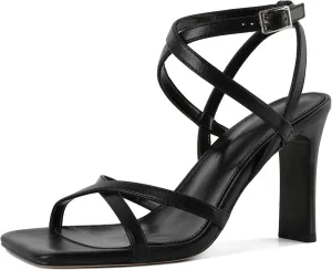Strappy Heels for Women Square Open Toe Chunky High Heels Ankle Strap Sandals 3.5 Inch Comfort Dress Party Wedding Shoes