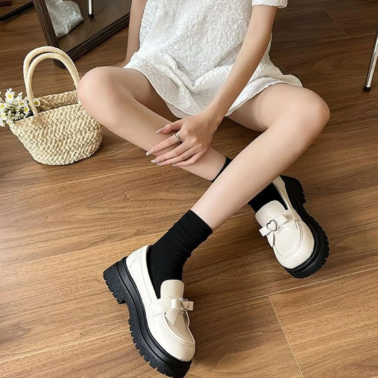 Sweet Lolita Cosplay Flat Mary Jane Shoes Cute Goth Chunky Platform Dress Pumps Shoes PU Leather Oxfords for Women