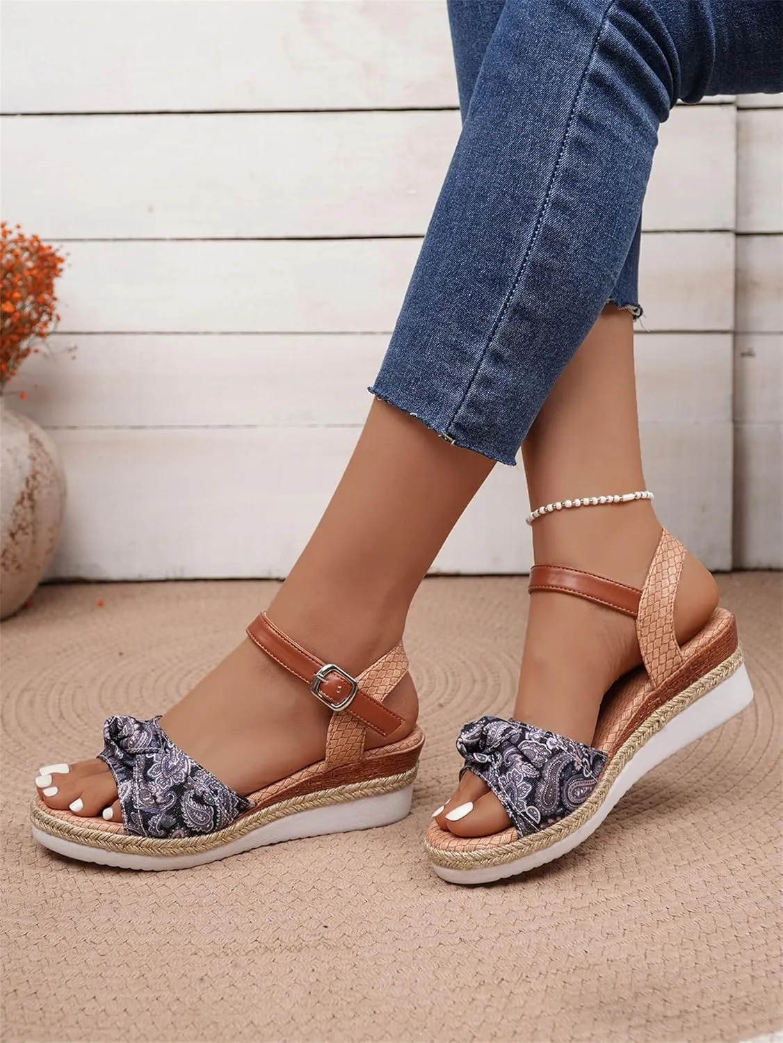 Wedge Sandals Breathable Open Toe Slingback Slides Sandals Fashion Fabric Walking Shoes Adjustable Strappy Ankle Strap Metal Buckle Shoes for Women