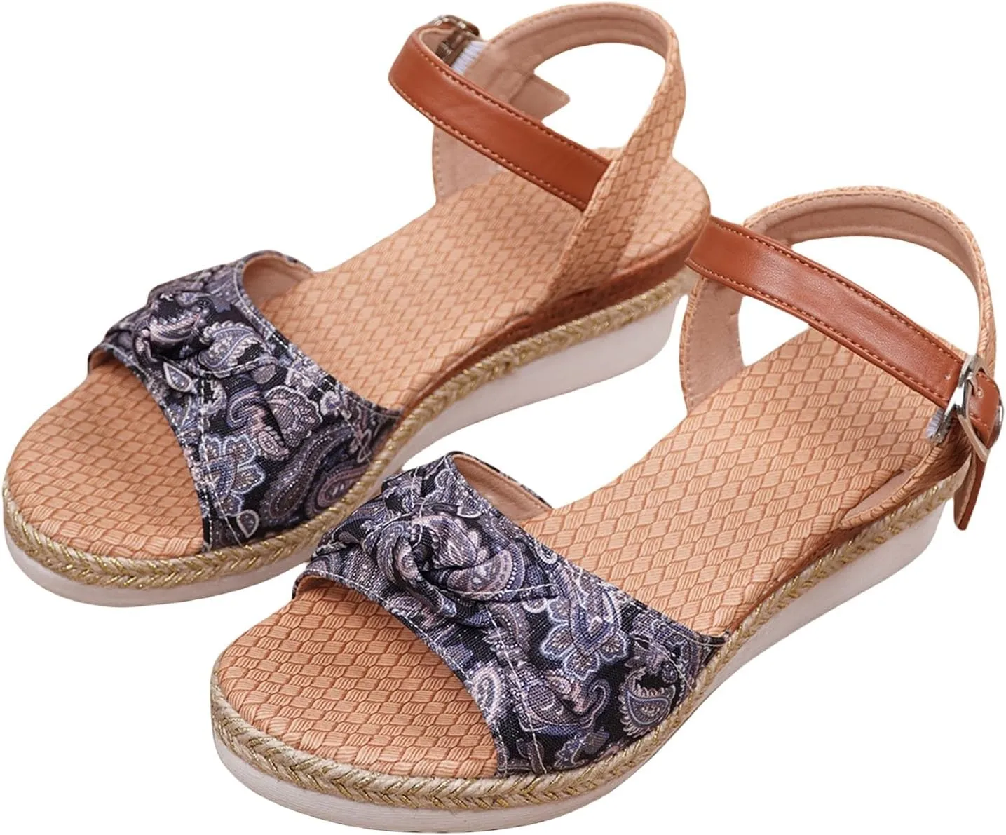 Wedge Sandals Breathable Open Toe Slingback Slides Sandals Fashion Fabric Walking Shoes Adjustable Strappy Ankle Strap Metal Buckle Shoes for Women