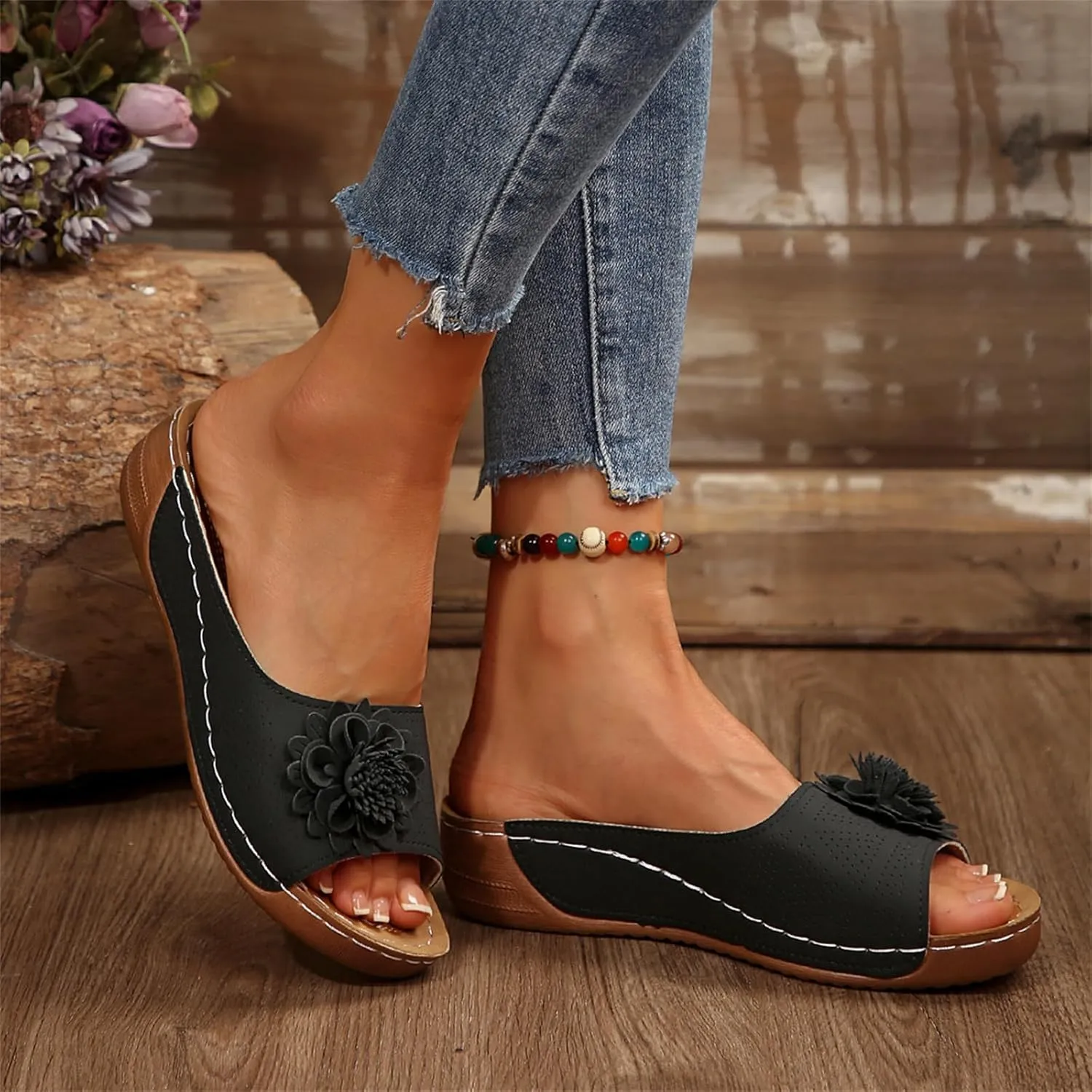Wedge Sandals for Women Summer Beach Floral Embellished Comfort Sandals Mesh Breathable Open Toe Slip On Shoes