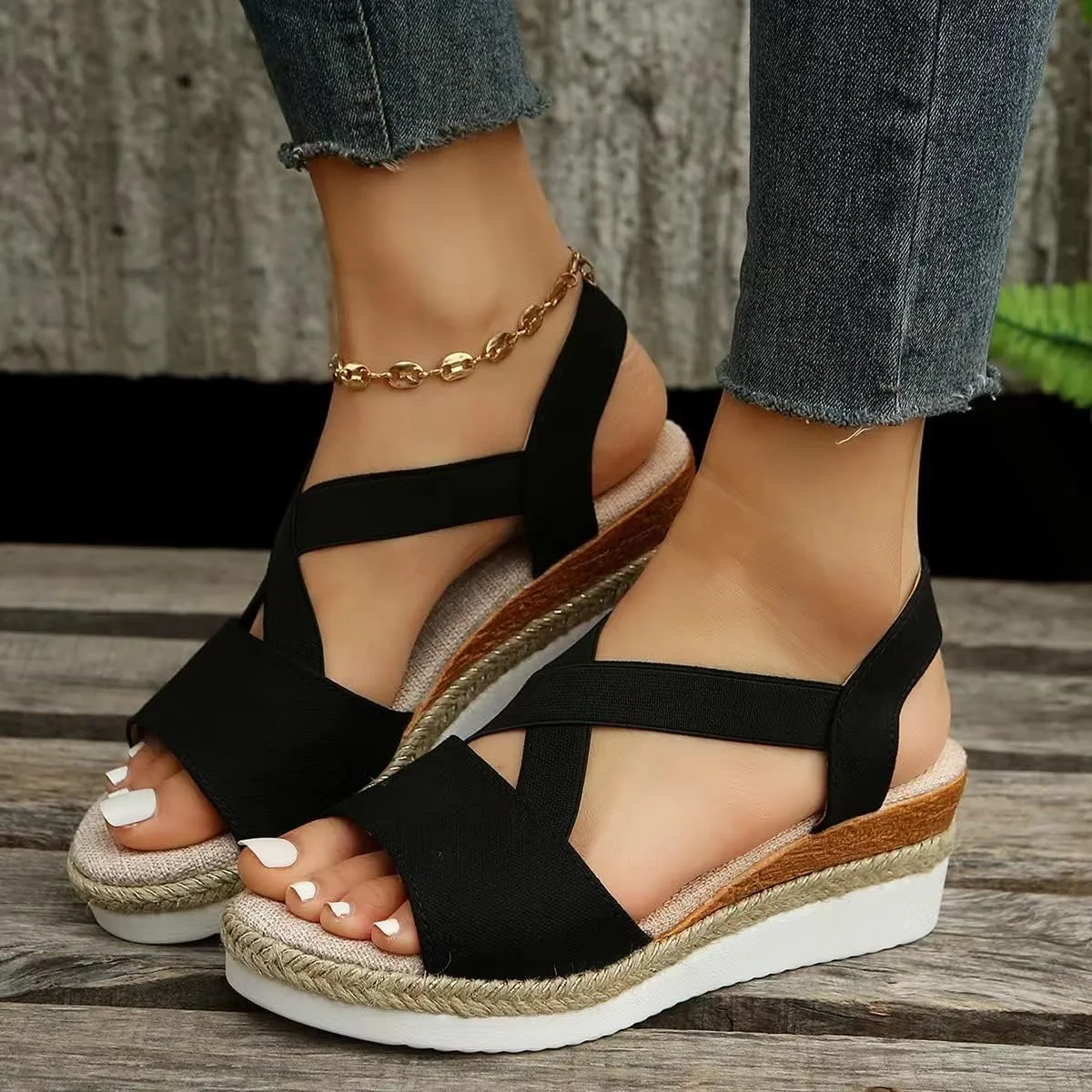 Wedge Sandals Women Espadrilles Platform Slip On Sandals Fashion Elastic Cross Strappy Yoga Mat Wedges Comfort Wide Width Wedge Sandal for Women