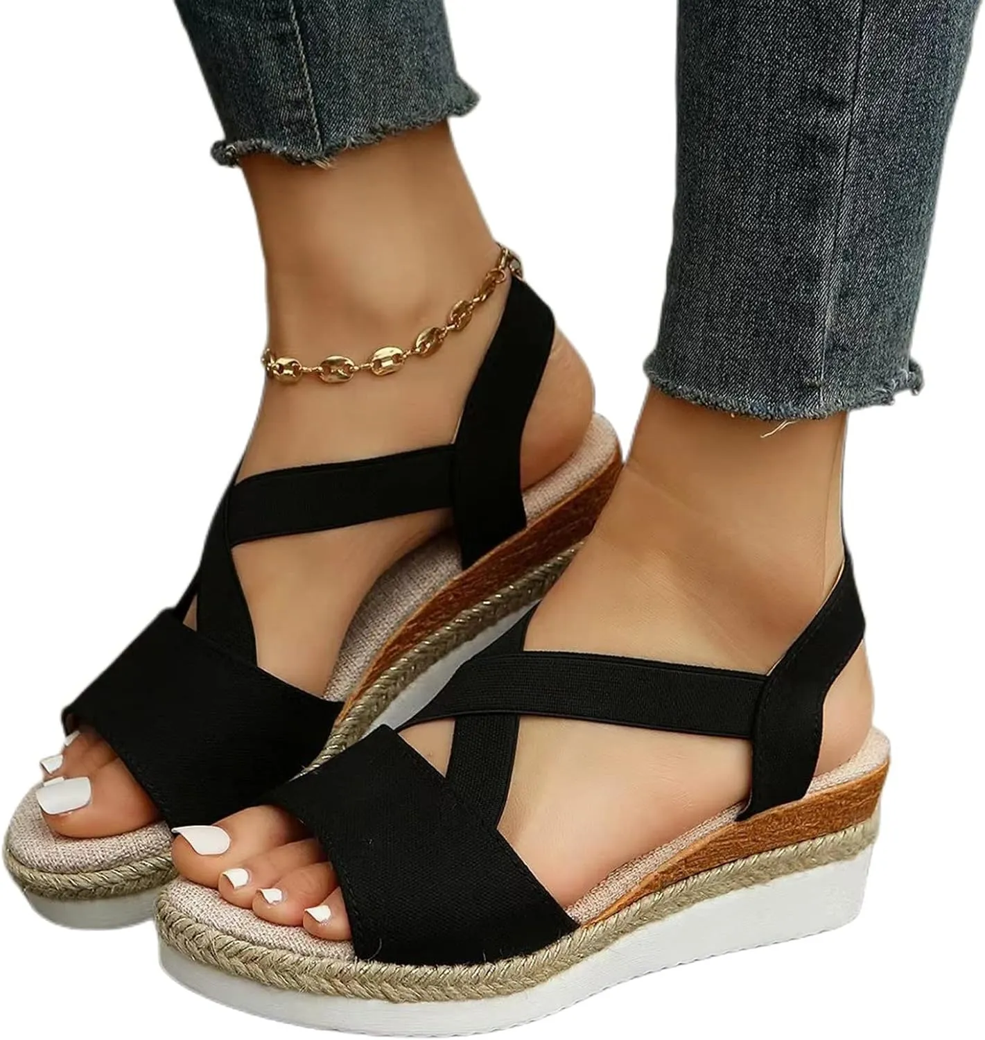 Wedge Sandals Women Espadrilles Platform Slip On Sandals Fashion Elastic Cross Strappy Yoga Mat Wedges Comfort Wide Width Wedge Sandal for Women