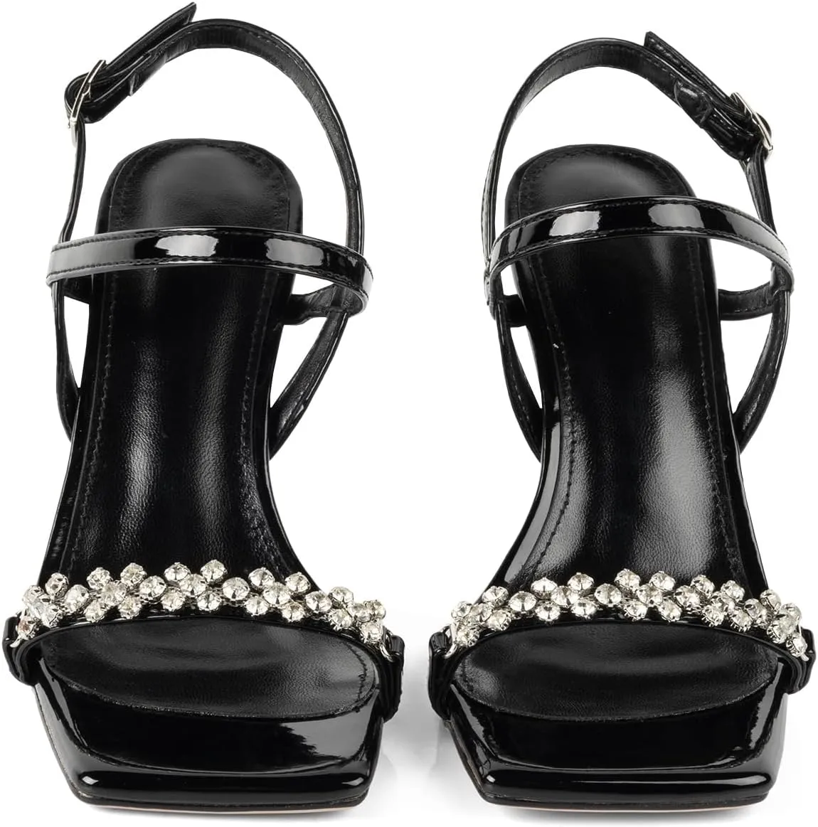 Women Black Heels with Square Open Toe Rhinestone Strappy Sandals Ankle Strap High Heeled Summer Shoes for Dressy Wedding Comfortable Pumps