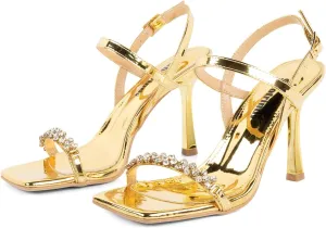 Women Black Heels with Square Open Toe Rhinestone Strappy Sandals Ankle Strap High Heeled Summer Shoes for Dressy Wedding Comfortable Pumps