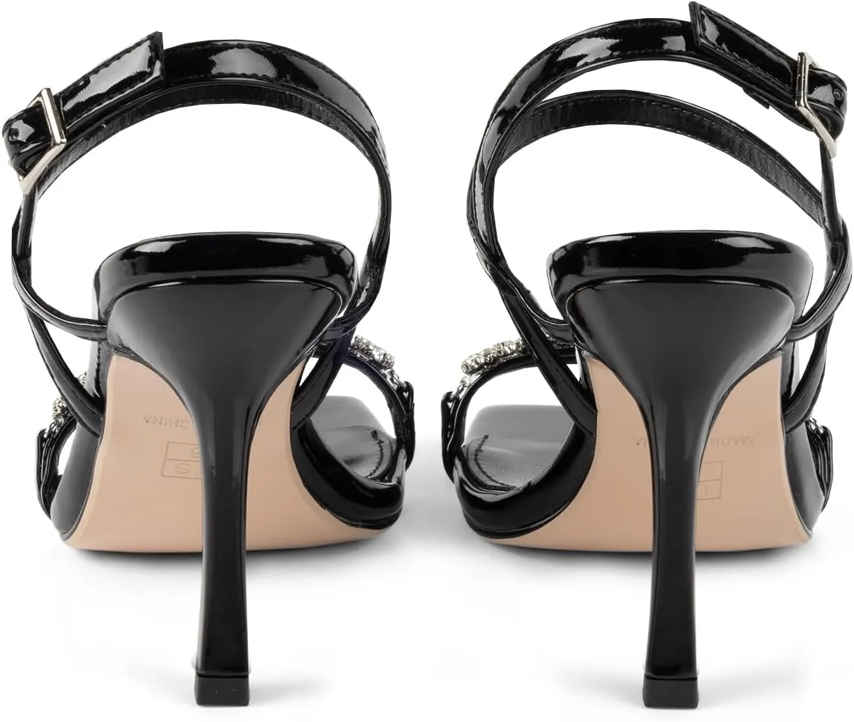 Women Black Heels with Square Open Toe Rhinestone Strappy Sandals Ankle Strap High Heeled Summer Shoes for Dressy Wedding Comfortable Pumps