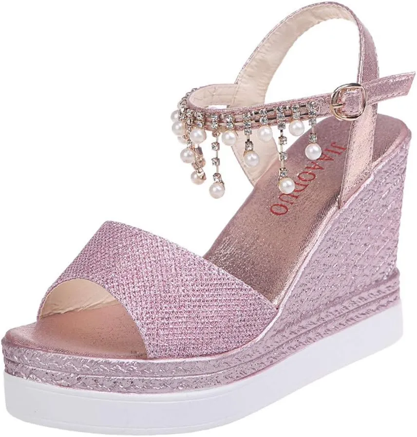 Women Elegant High Platforms Sandals Sparkly Open Toe Espadrilles Buckle Ankle Strap Leather Casual Slip on Wedge
