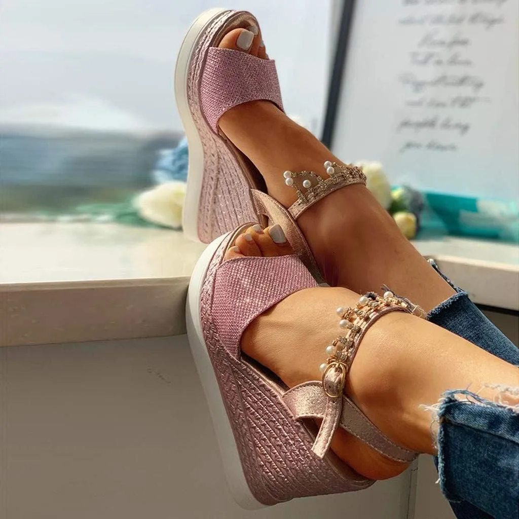 Women Elegant High Platforms Sandals Sparkly Open Toe Espadrilles Buckle Ankle Strap Leather Casual Slip on Wedge