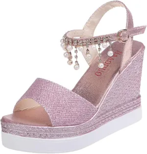 Women Elegant High Platforms Sandals Sparkly Open Toe Espadrilles Buckle Ankle Strap Leather Casual Slip on Wedge