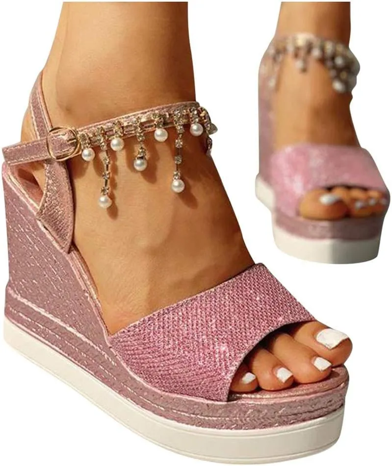 Women Elegant High Platforms Sandals Sparkly Open Toe Espadrilles Buckle Ankle Strap Leather Casual Slip on Wedge