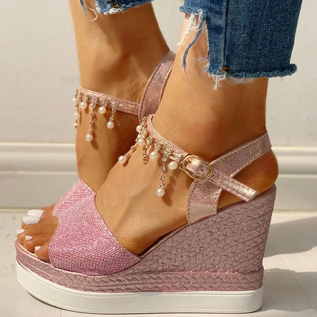 Women Elegant High Platforms Sandals Sparkly Open Toe Espadrilles Buckle Ankle Strap Leather Casual Slip on Wedge