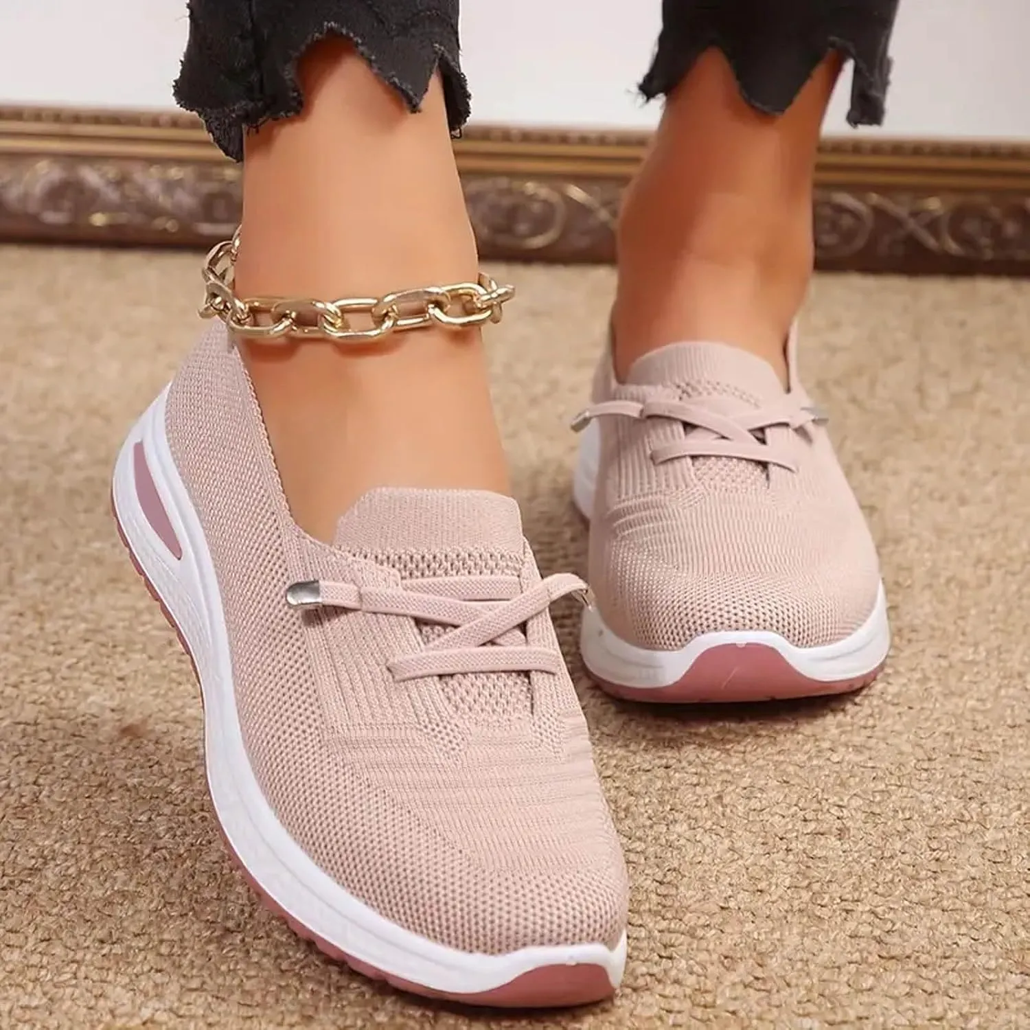 Women Orthopedic Walking Shoes Breathable Mesh Knitted Woven Low Top Walking Shoes Lightweight Wide Width Soft Sole Arch Support Non-Slip Shoe Slip On Comfortable Sneakers