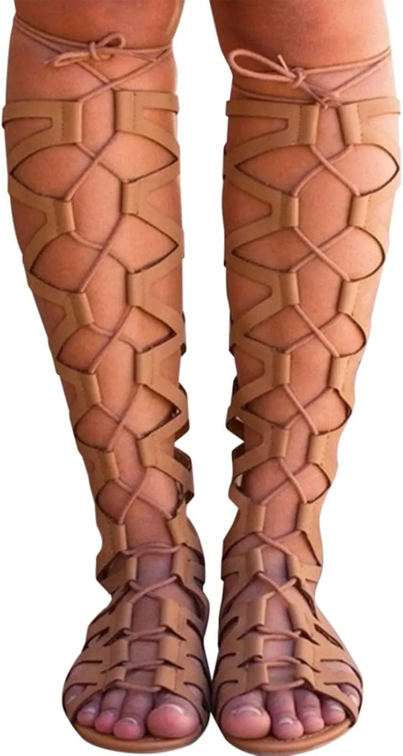 Women Summer Beach Knee High Gladiator Sandals Criss Cross Strappy Lace Up Open Toe Bohemia Flat Sandal