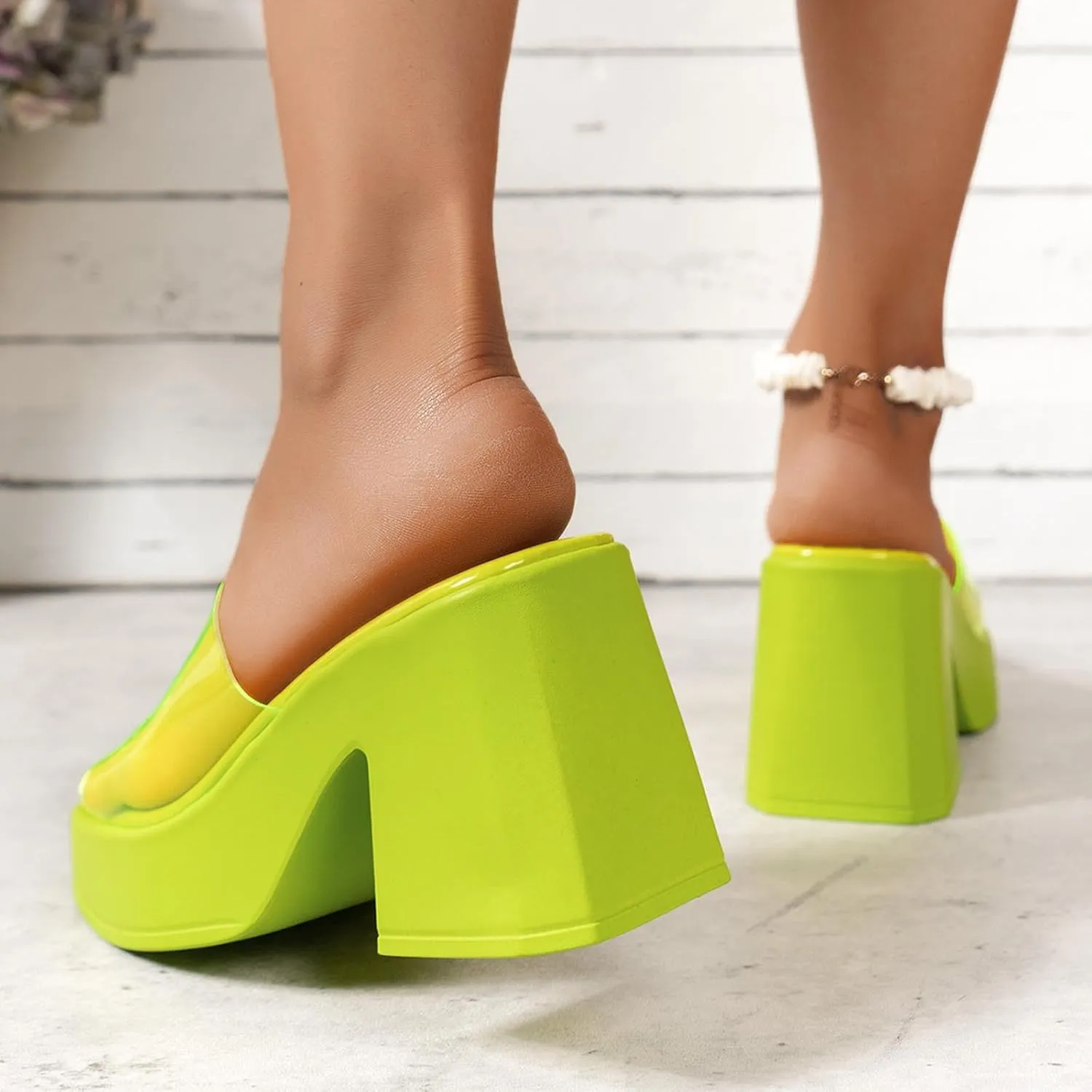Women Summer High Heel Slippers Comfort Chunky Heeled Slide Sandals Plus Size Slope Square Toe Sandal Shoes
