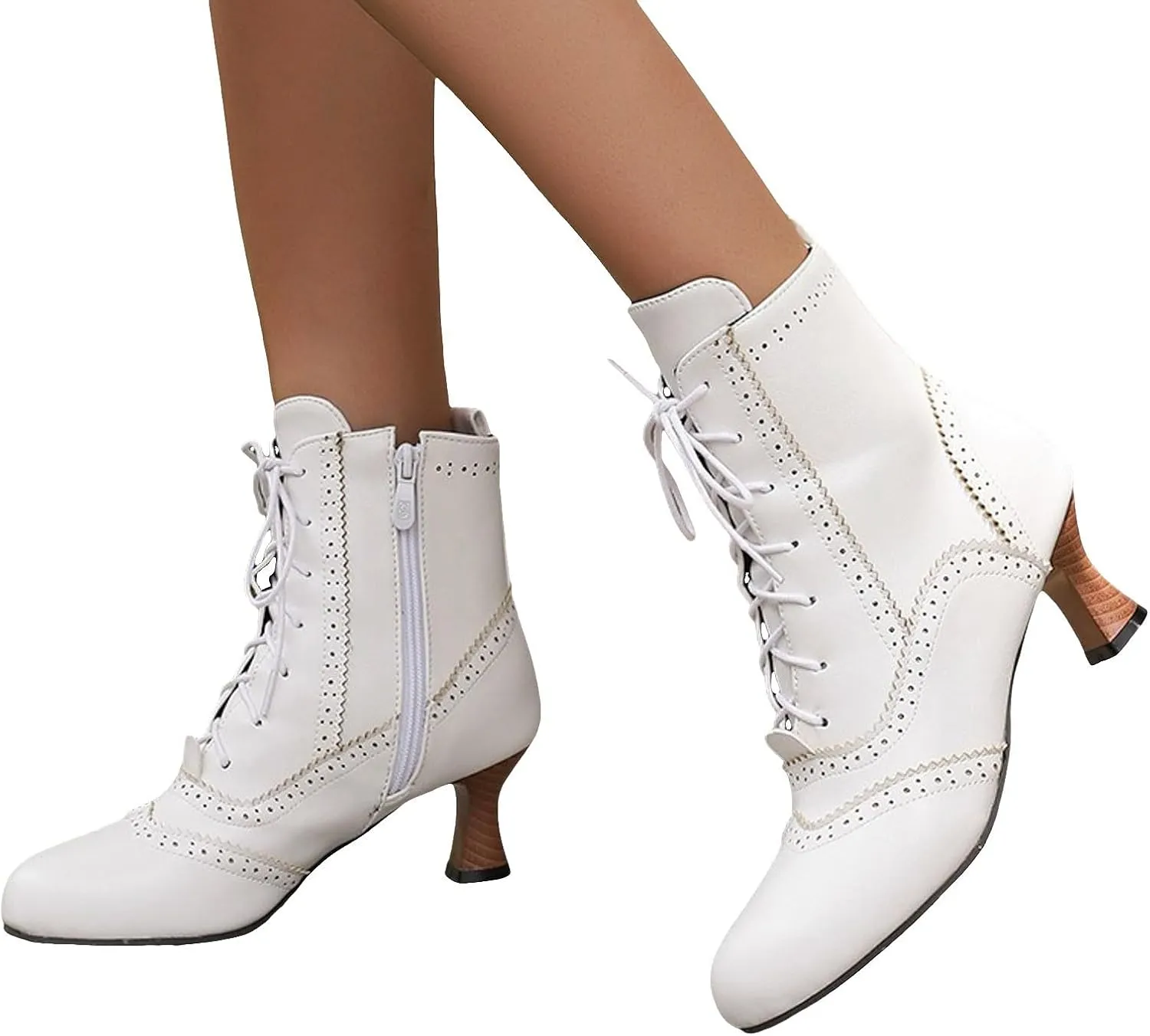 Womens Ankle Boots Wide Calf,Mid Heel Victorian Boots Vintage Lace Up Dance Booties Cosplay Witch Shoes for Women