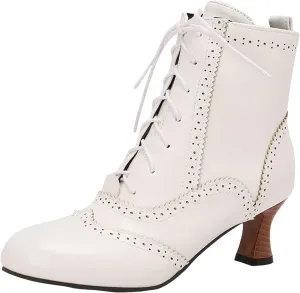 Womens Ankle Boots Wide Calf,Mid Heel Victorian Boots Vintage Lace Up Dance Booties Cosplay Witch Shoes for Women