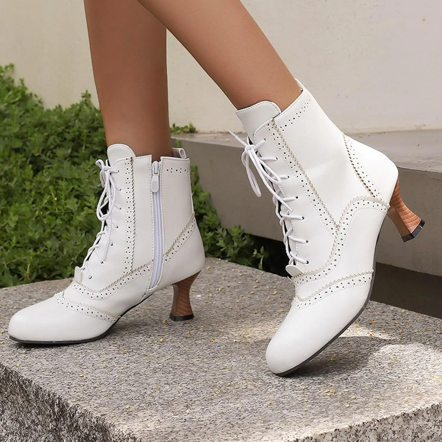 Womens Ankle Boots Wide Calf,Mid Heel Victorian Boots Vintage Lace Up Dance Booties Cosplay Witch Shoes for Women