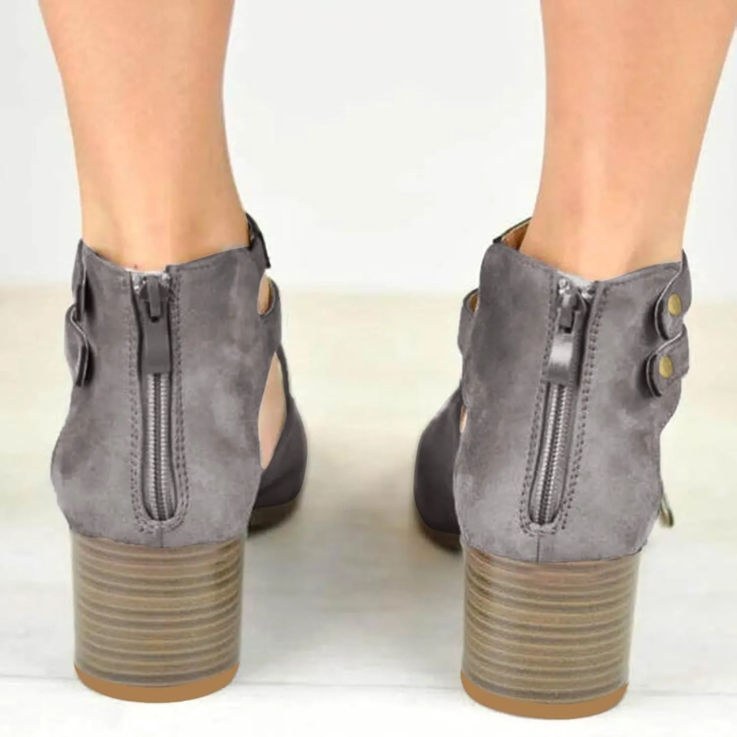 Women's Cutout Open Toe Block Chunky Heel Sandals Fish Mouth Back Zipper Open Toe Pumps Slip On Dress Part Shoes