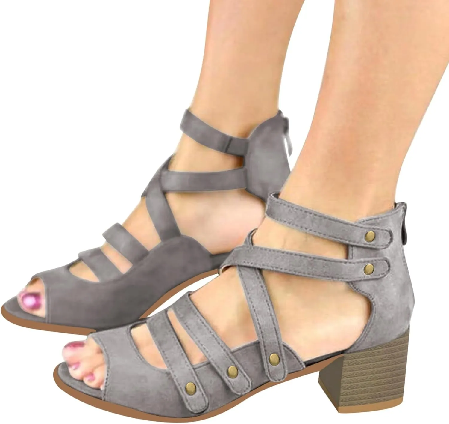 Women's Cutout Open Toe Block Chunky Heel Sandals Fish Mouth Back Zipper Open Toe Pumps Slip On Dress Part Shoes