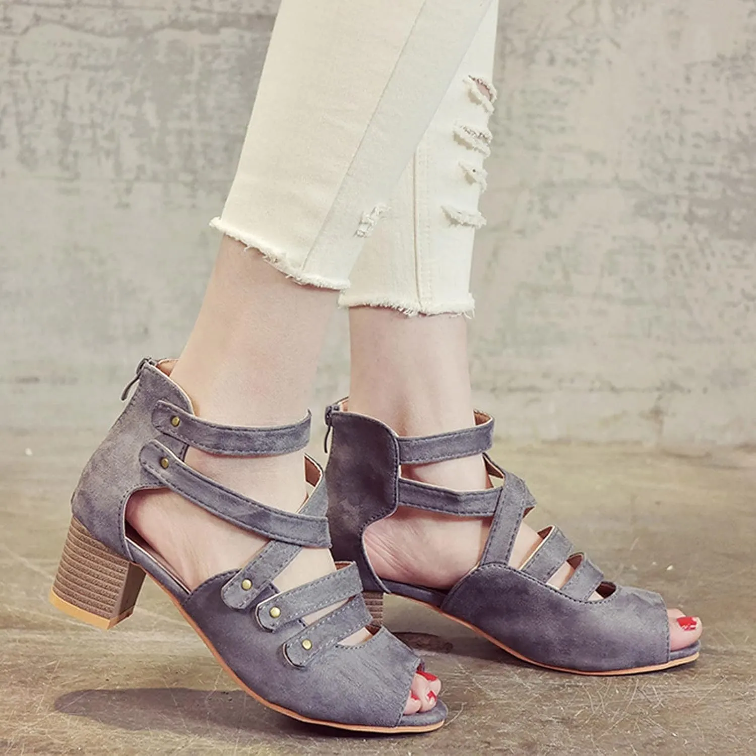 Women's Cutout Open Toe Block Chunky Heel Sandals Fish Mouth Back Zipper Open Toe Pumps Slip On Dress Part Shoes