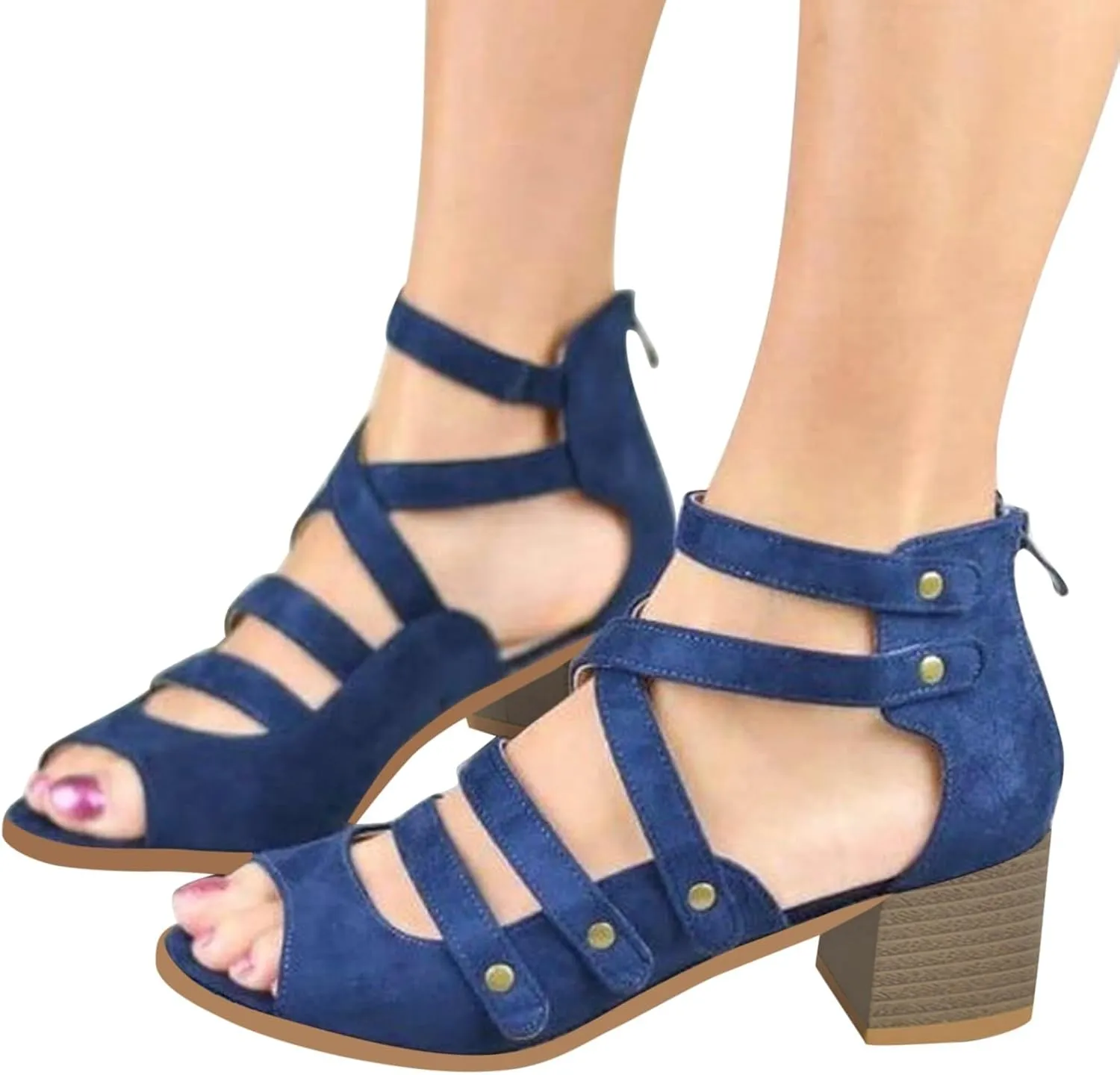 Women's Cutout Open Toe Block Chunky Heel Sandals Fish Mouth Back Zipper Open Toe Pumps Slip On Dress Part Shoes