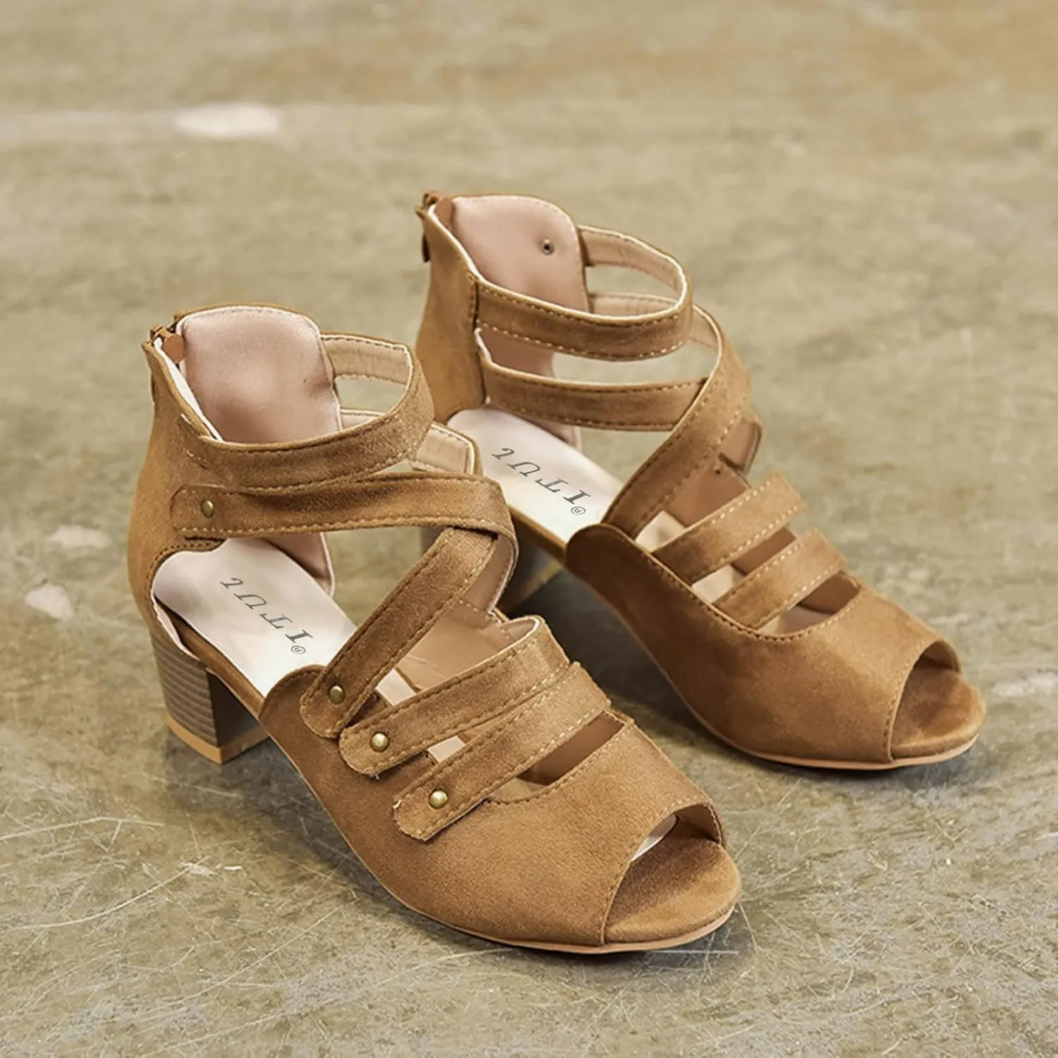 Women's Cutout Open Toe Block Chunky Heel Sandals Fish Mouth Back Zipper Open Toe Pumps Slip On Dress Part Shoes