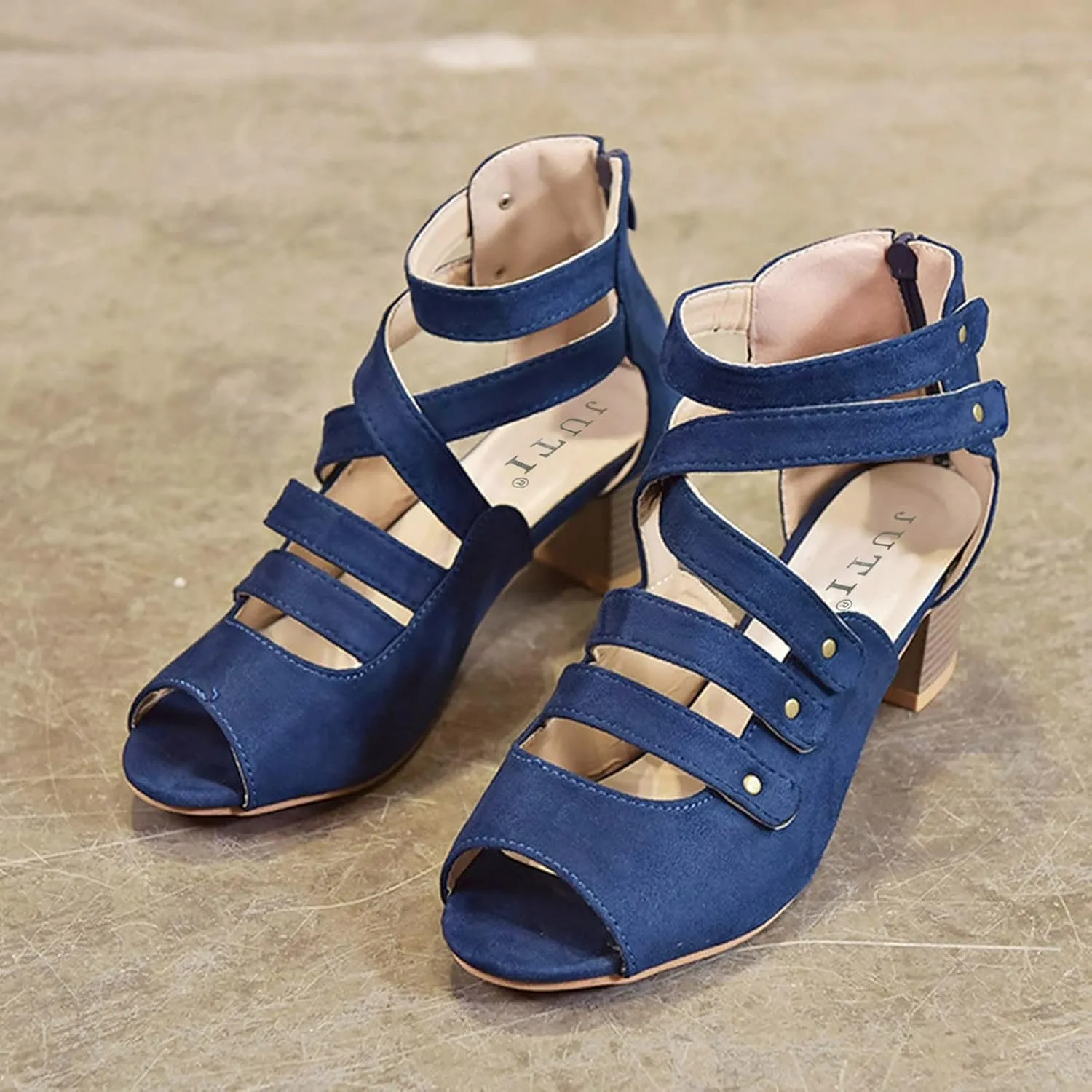 Women's Cutout Open Toe Block Chunky Heel Sandals Fish Mouth Back Zipper Open Toe Pumps Slip On Dress Part Shoes