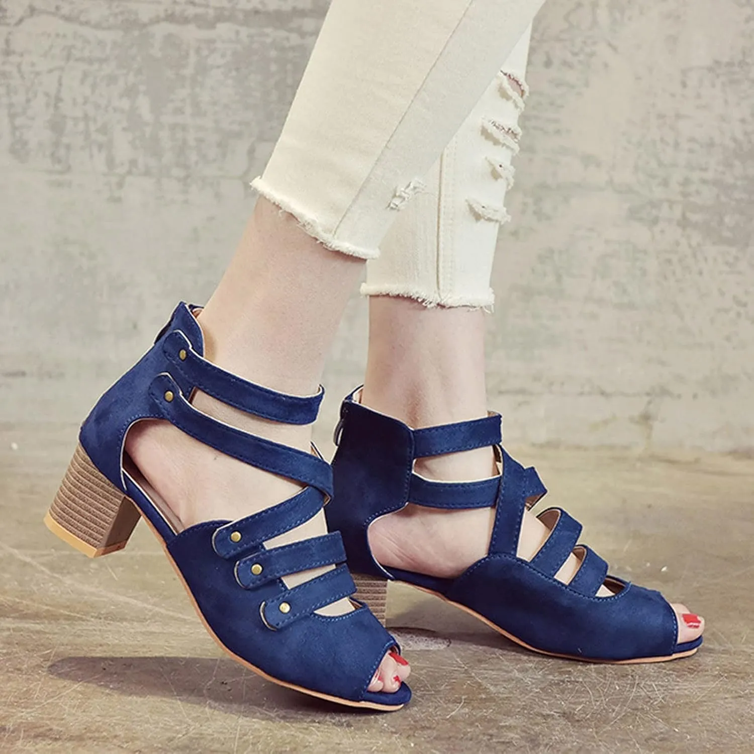 Women's Cutout Open Toe Block Chunky Heel Sandals Fish Mouth Back Zipper Open Toe Pumps Slip On Dress Part Shoes