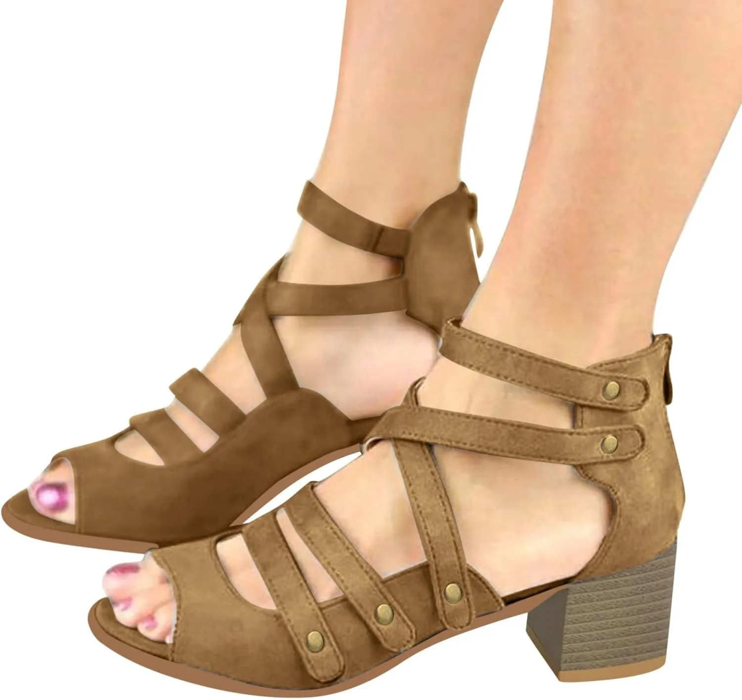 Women's Cutout Open Toe Block Chunky Heel Sandals Fish Mouth Back Zipper Open Toe Pumps Slip On Dress Part Shoes