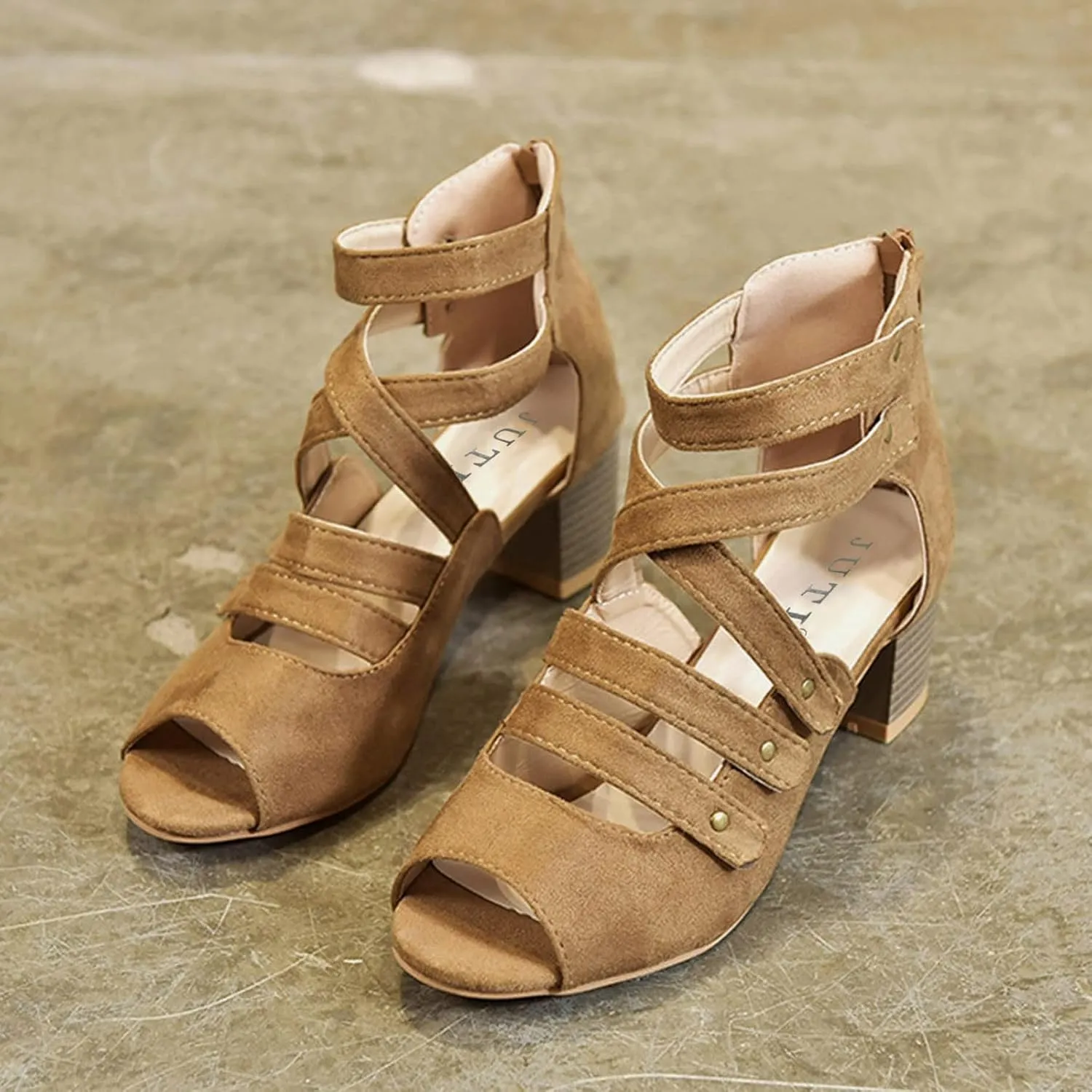 Women's Cutout Open Toe Block Chunky Heel Sandals Fish Mouth Back Zipper Open Toe Pumps Slip On Dress Part Shoes