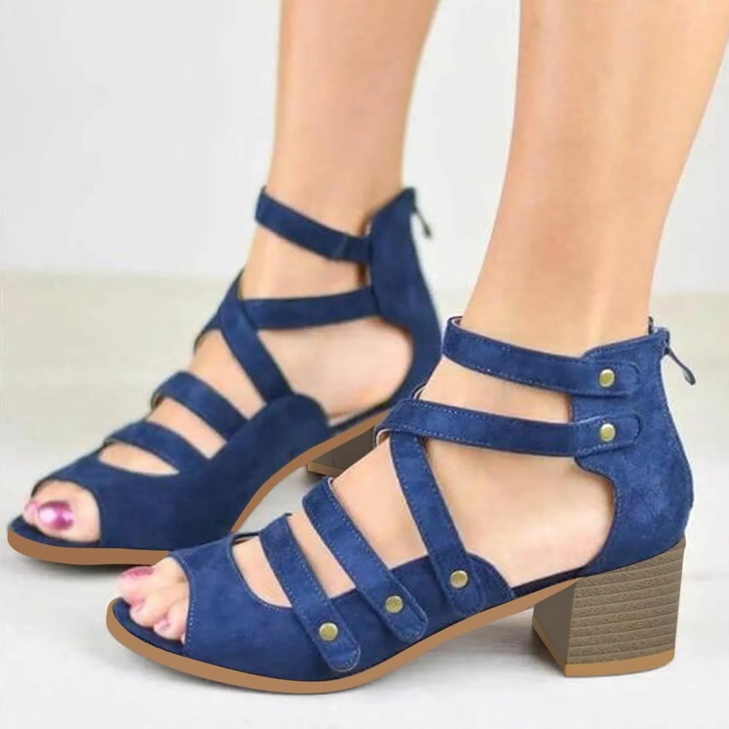 Women's Cutout Open Toe Block Chunky Heel Sandals Fish Mouth Back Zipper Open Toe Pumps Slip On Dress Part Shoes