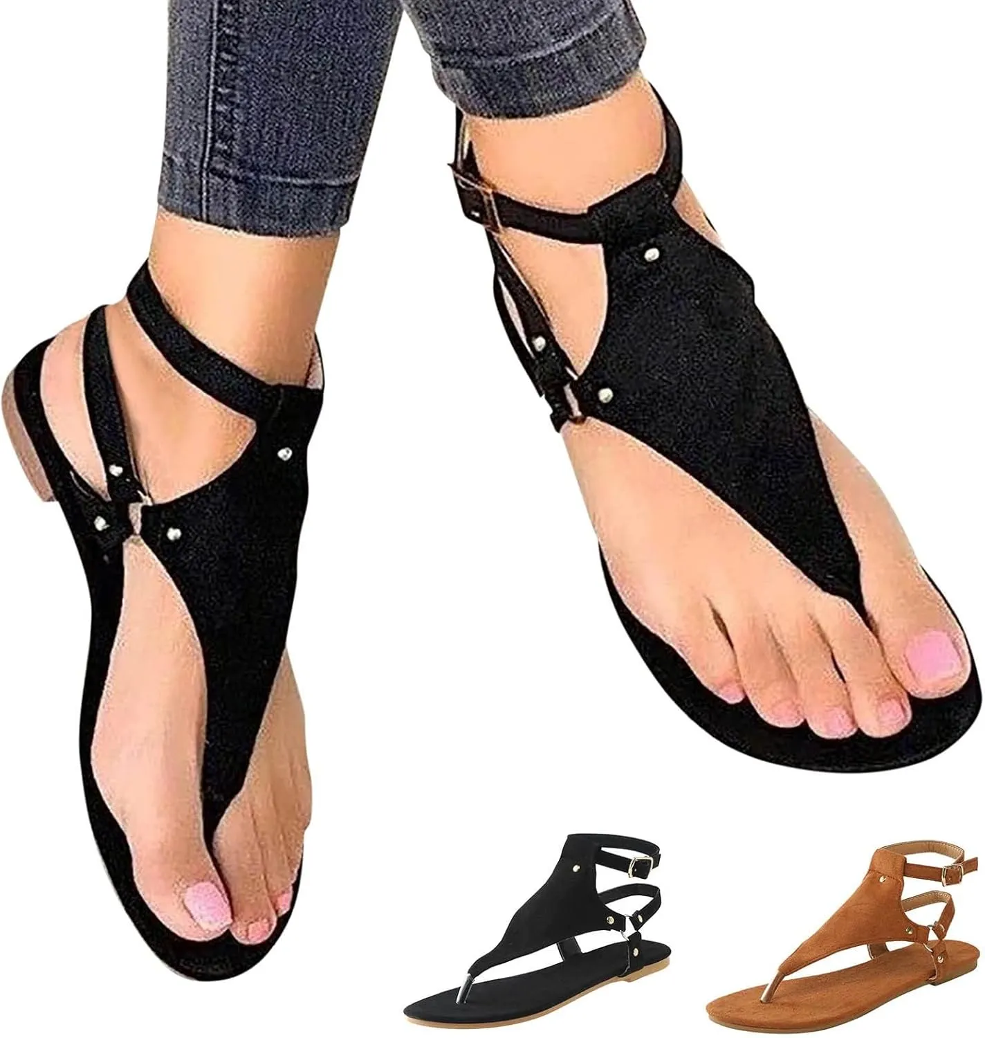 Womens Dressy Thong Sandals Low Heel Open Toe Flat Buckle Ankle Strap Comfortable Shoes Beach Walking Gladiator Roman Sandals Breathable Casual Soft Shoes
