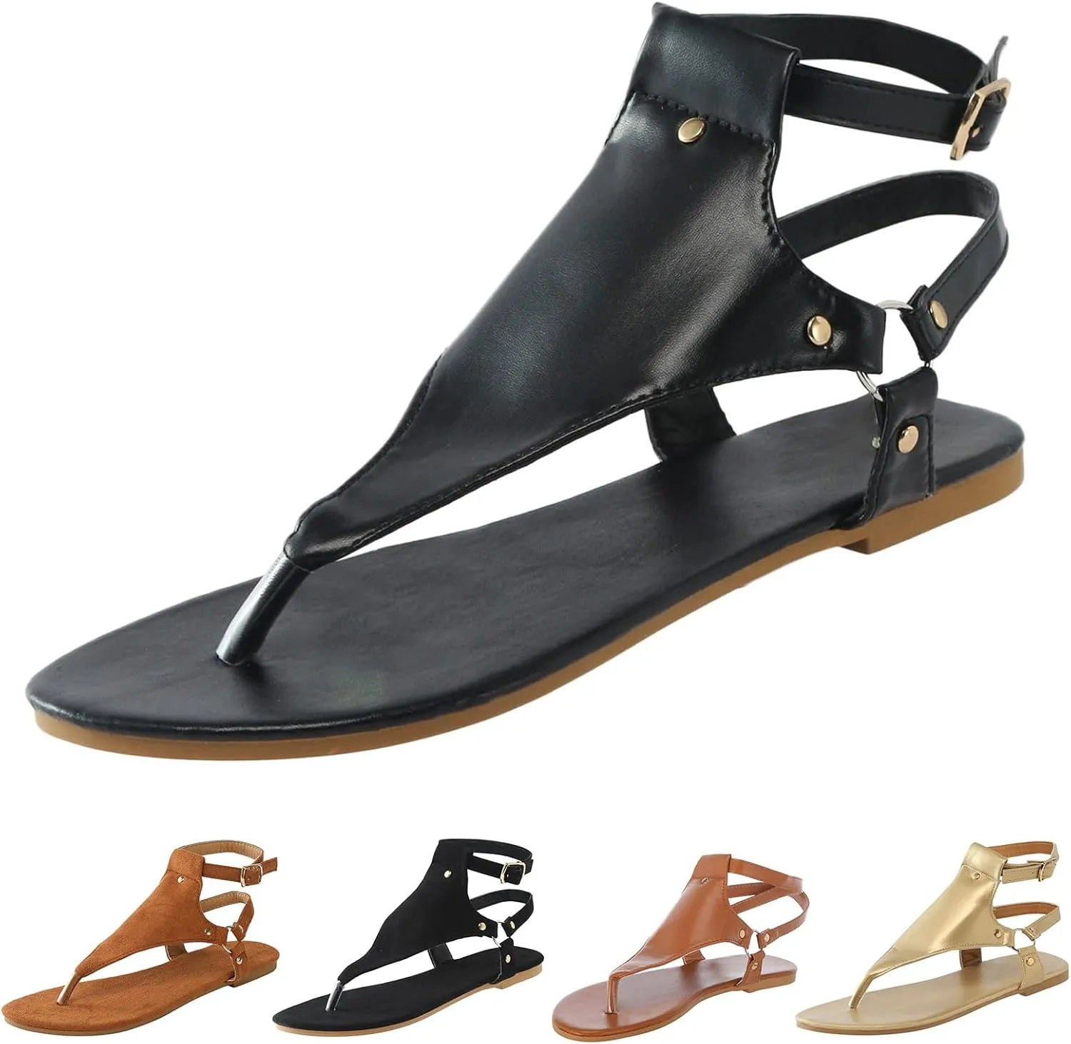 Womens Dressy Thong Sandals Low Heel Open Toe Flat Buckle Ankle Strap Comfortable Shoes Beach Walking Gladiator Roman Sandals Breathable Casual Soft Shoes