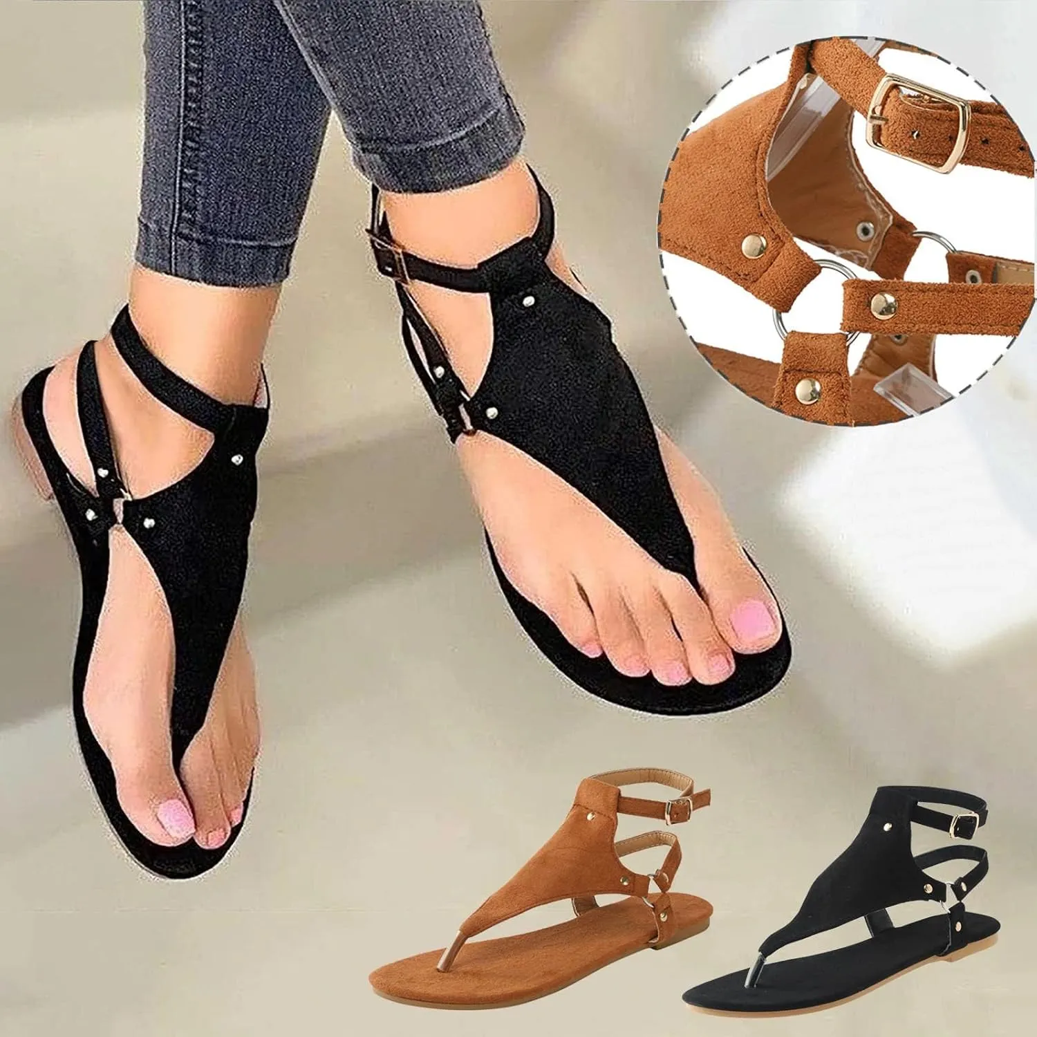 Womens Dressy Thong Sandals Low Heel Open Toe Flat Buckle Ankle Strap Comfortable Shoes Beach Walking Gladiator Roman Sandals Breathable Casual Soft Shoes