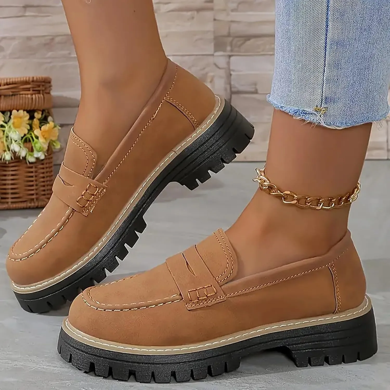 Womens Fashion Loafers Shoes Platform Chunky Penny Loafer Lug Sole Comfortable Slip On Work Office Business Casual Dress Shoe