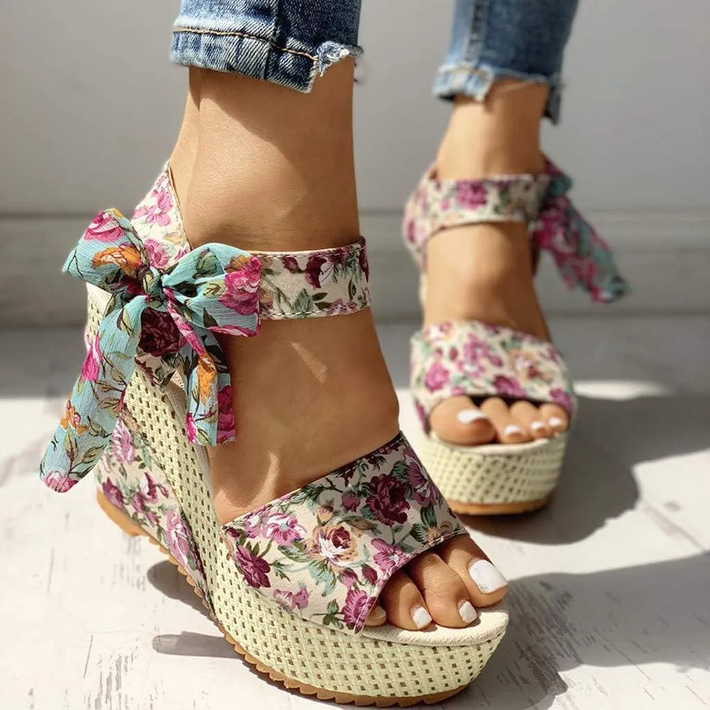 Women's Floral Fish Toe Boho Wedge Sandals Elegant Printed Ankle Strap Bow Lace-up Espadrille Slip-On Platform Heel Sandals Summer High Heel Casual Shoes