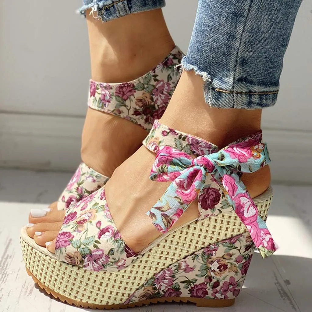Women's Floral Fish Toe Boho Wedge Sandals Elegant Printed Ankle Strap Bow Lace-up Espadrille Slip-On Platform Heel Sandals Summer High Heel Casual Shoes