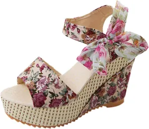 Women's Floral Fish Toe Boho Wedge Sandals Elegant Printed Ankle Strap Bow Lace-up Espadrille Slip-On Platform Heel Sandals Summer High Heel Casual Shoes