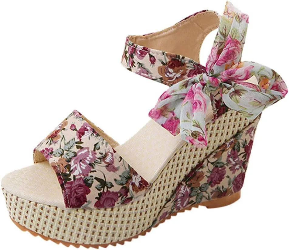 Women's Floral Fish Toe Boho Wedge Sandals Elegant Printed Ankle Strap Bow Lace-up Espadrille Slip-On Platform Heel Sandals Summer High Heel Casual Shoes