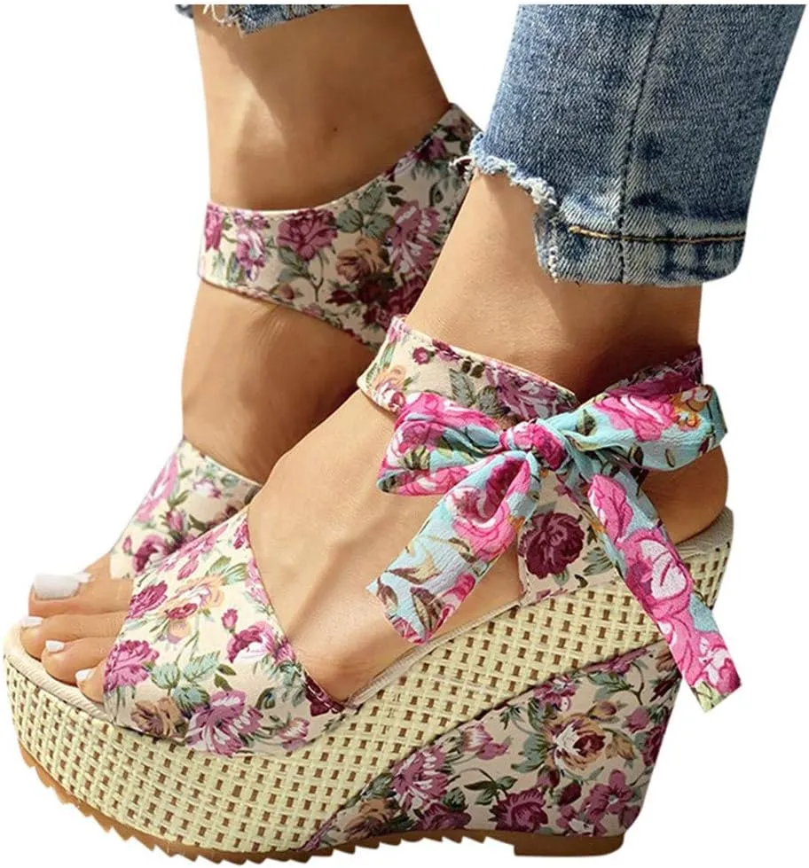 Women's Floral Fish Toe Boho Wedge Sandals Elegant Printed Ankle Strap Bow Lace-up Espadrille Slip-On Platform Heel Sandals Summer High Heel Casual Shoes